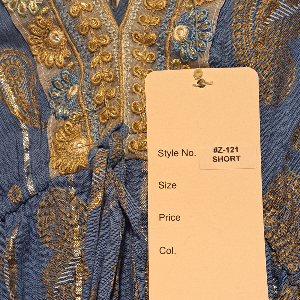 Zury Embroidered Blue & Gold V-Neck Boho Mini Dress – One Size – NWT - Picture 7 of 7